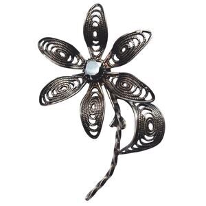 VTG Sterling Silver 925 Gemstone Brooch Mid Century Filigree Flower Black Spinel